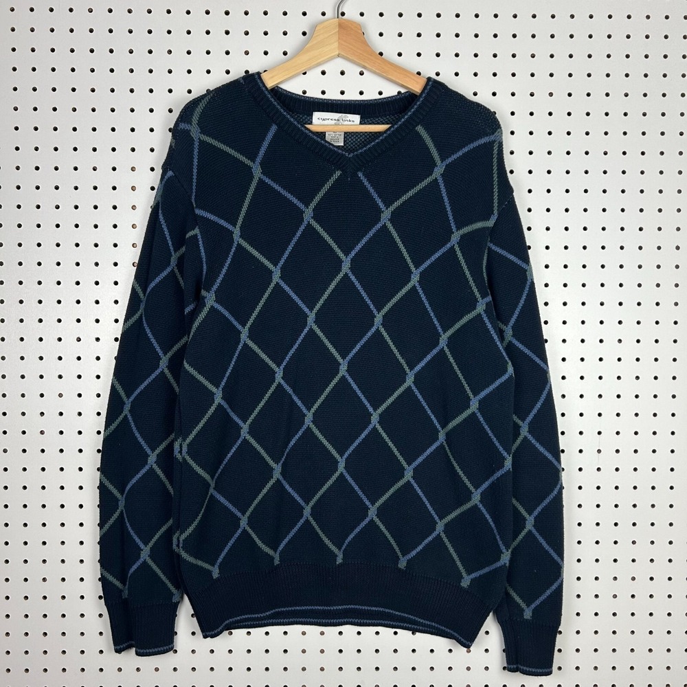 Cypress Links Blue Chunky Knit Sweater Size Medium 40 Grandpa 90s Pattern Green